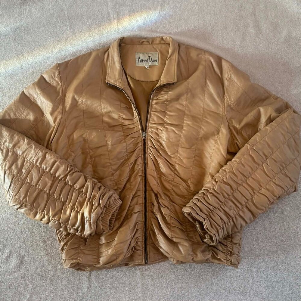 Vintage Albert Duke Leather Jacket | Ruched Tan Bomber | Size 2XL
